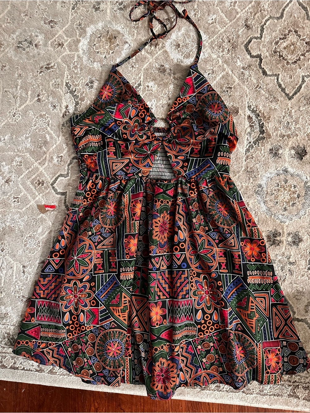 Boho Tribal Print Halter Dress | Cutout Sundress | Festival Vacation Resort Mini - Picture 5 of 6